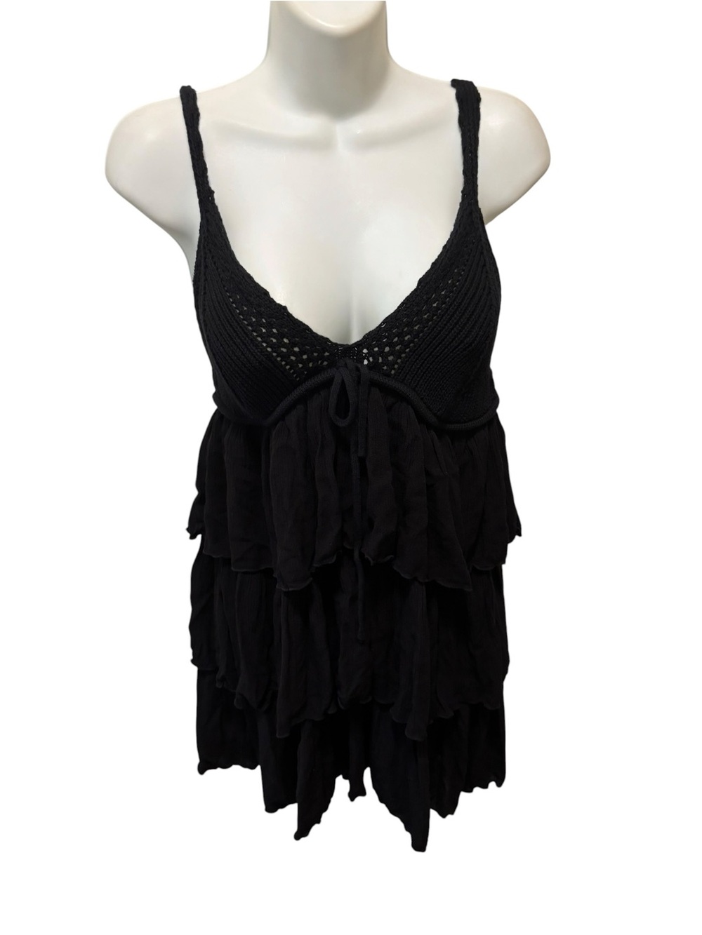 Zara Crochet Ruffle Tiered Black Dress Sz M little black Babydoll Summer Boho